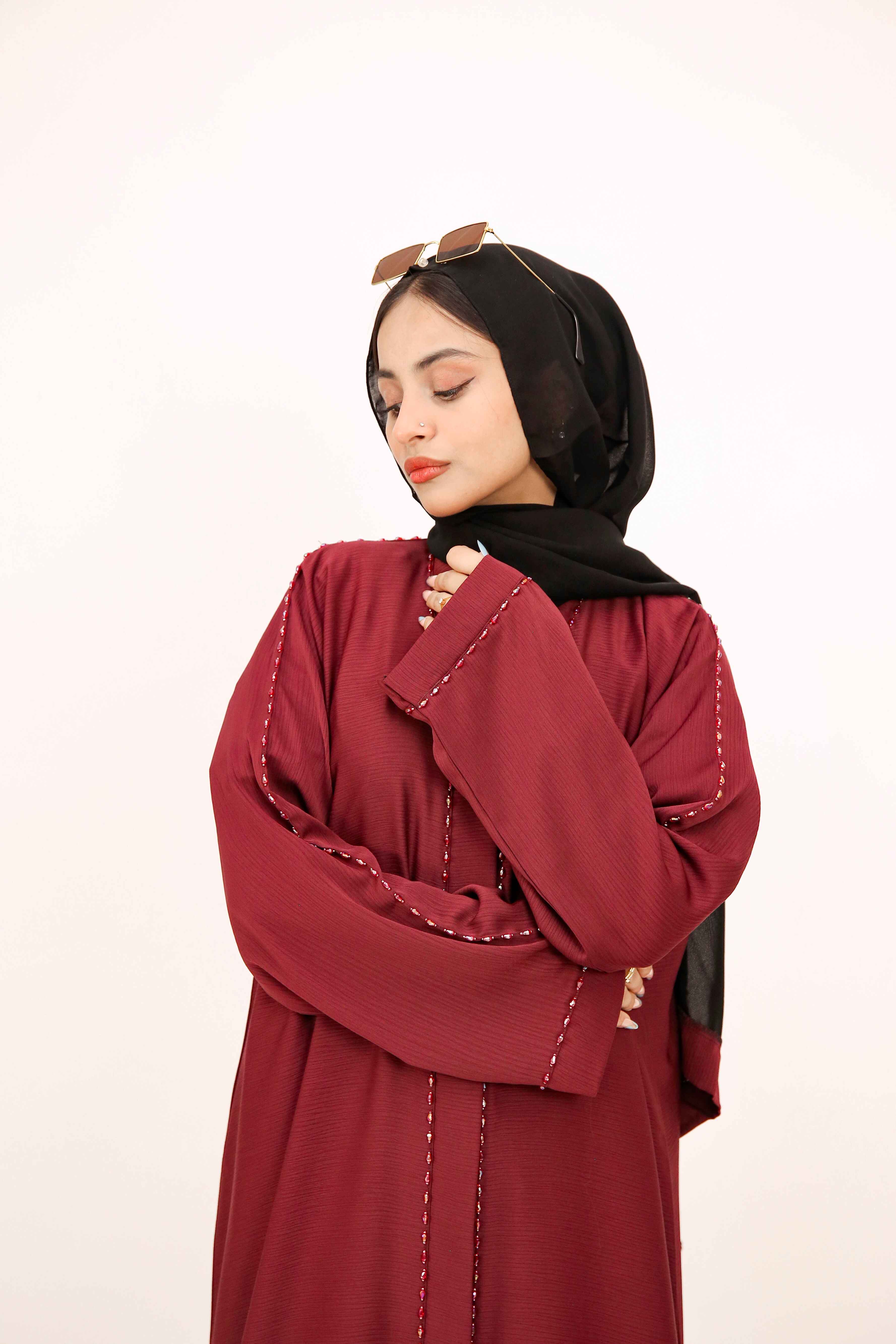 Hand-Embellished Luxury Abaya - Maroon